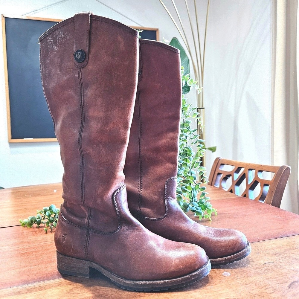 Frye Melissa Button Tall Riding Boots Cognac Leather Lug Sole 3471374 Size 5.5B
